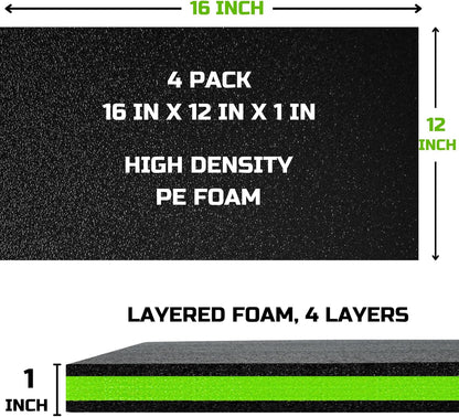 Tool Box Foam Organizer 16x12x1 inch 4 Pack, Kaizen Sheets for Pro Tool Control, Custom Tool Shadow Inserts for Cases & Drawers, High Density Polyethylene Foam, Black with Green