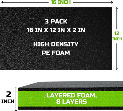 Tool Box Foam Organizer 16x12x2 inch 3 Pack, Kaizen Sheets for Pro Tool Control, Custom Tool Shadow Inserts for Cases & Drawers, High Density Polyethylene Foam, Black with Green