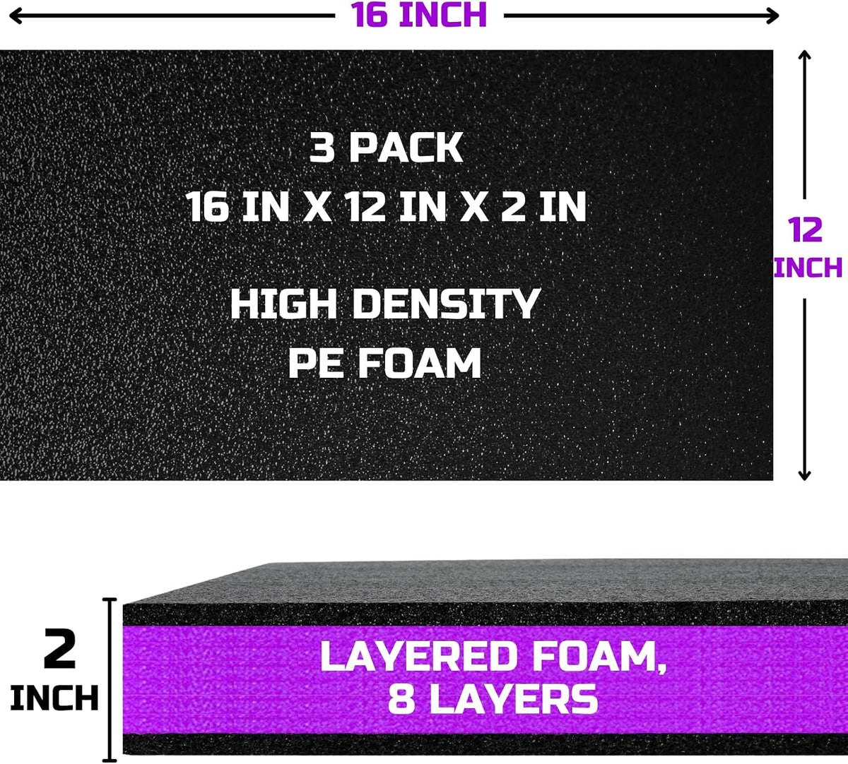 Tool Box Foam Organizer 16x12x2 inch 3 Pack, Kaizen Sheets for Pro Tool Control, Custom Tool Shadow Inserts for Cases & Drawers, High Density Polyethylene Foam, Purple