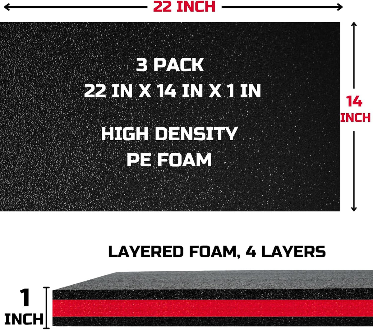 Tool Box Foam Organizer 22x14x1 Inch, 3 Pack, Kaizen Foam Sheets for Pro Tool Control, Custom Tool Shadow Inserts for Cases and Drawers, High-Density PE Foam, Black and Red