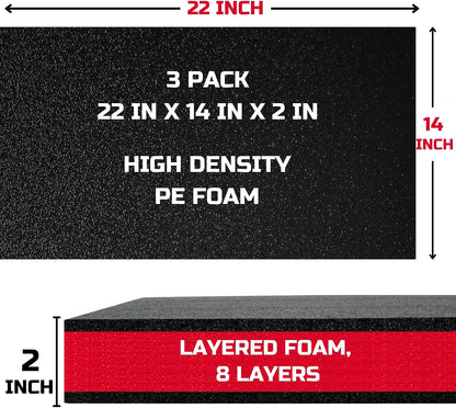 Tool Box Foam Organizer 22x14x2 Inch, 3 Pack, Kaizen Foam Sheets for Pro Tool Control, Custom Tool Shadow Inserts for Cases and Drawers, High-Density PE Foam, Black and Red