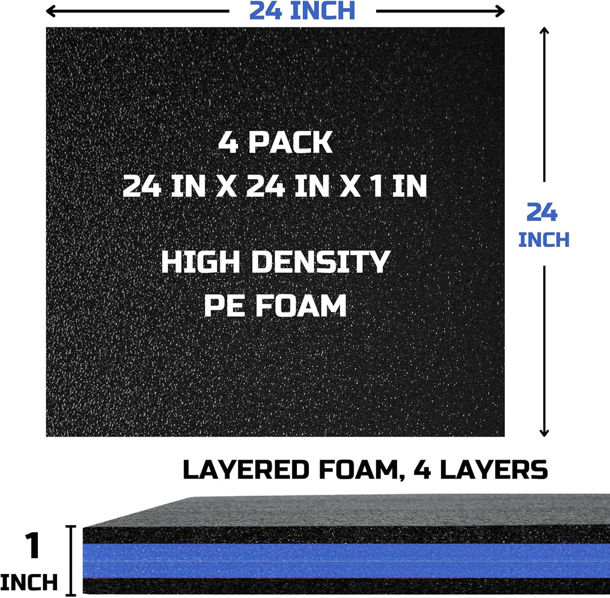 Tool Box Foam Organizer 24x24x1 inch 4 Pack, Kaizen Sheets for Pro Tool Control, Custom Tool Shadow Inserts for Cases & Drawers, High Density Polyethylene Foam, Black with Blue