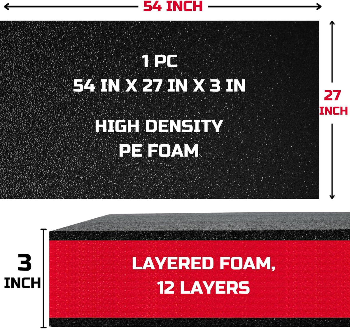 Tool Box Foam Organizer 54x27x3 Inch 1PC, Kaizen Sheets for Pro Tool Control, Custom Tool Shadow Inserts for Cases & Drawers, High Density Polyethylene Foam, Black with Red