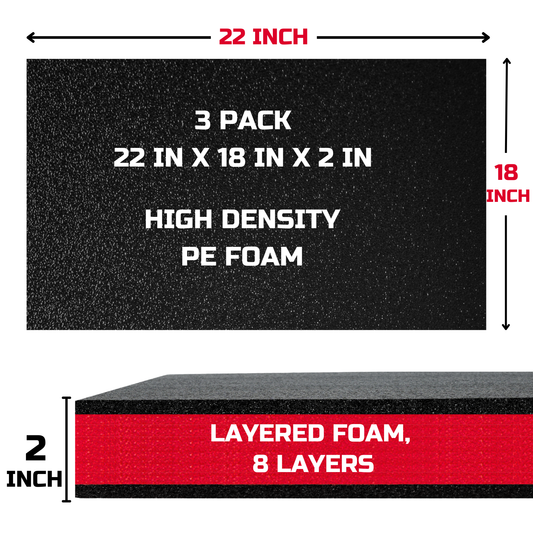 ONREVA Tool Box Foam Organizer 22x18x2 inch 3Pack, Kaizen Sheets for Pro Tool Control, Custom Tool Shadow Inserts for Cases & Drawers, High Density Polyethylene Foam, Black with Red