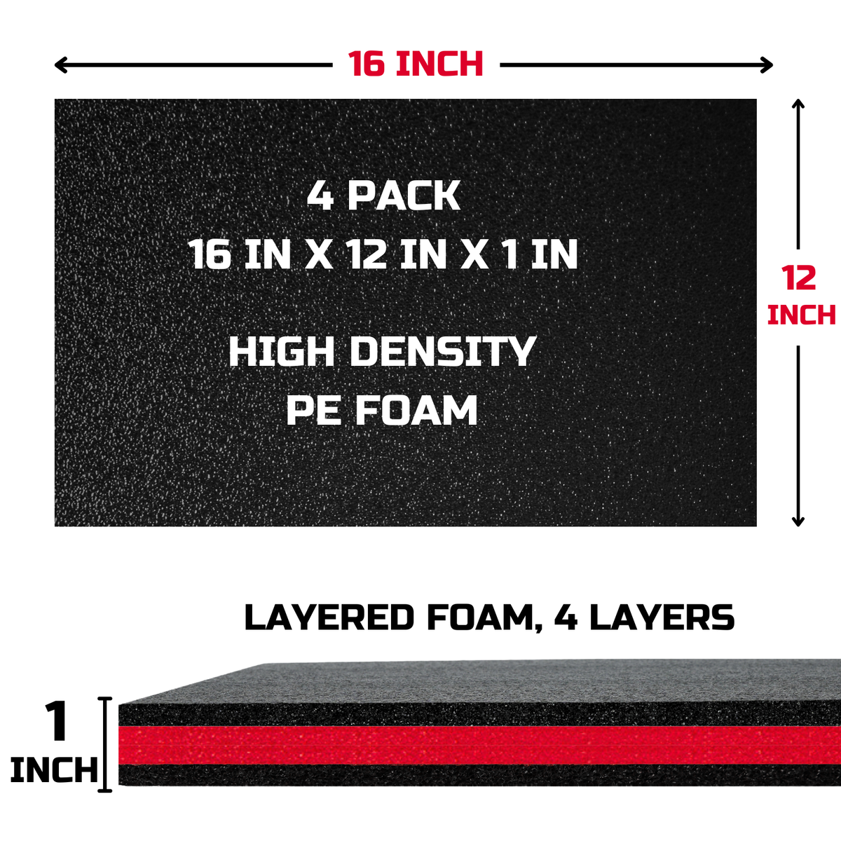 ONREVA Tool Box Foam Organizer 16x12x1 inch 4Pack, Kaizen Sheets for Pro Tool Control, Custom Tool Shadow Inserts for Cases & Drawers, High Density Polyethylene Foam, Black with Red