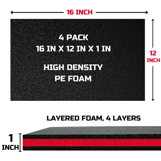 ONREVA Tool Box Foam Organizer 16x12x1 inch 4Pack, Kaizen Sheets for Pro Tool Control, Custom Tool Shadow Inserts for Cases & Drawers, High Density Polyethylene Foam, Black with Red