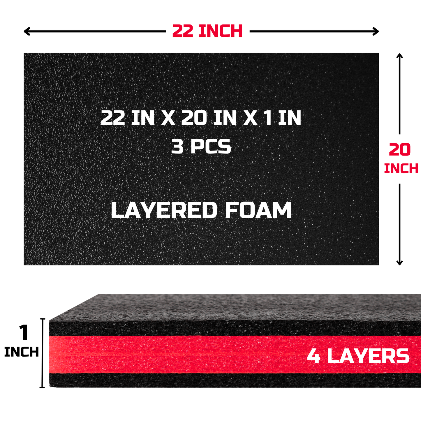 ONREVA Tool Box Foam 22x20x1 inch 3Pack, Foam Inserts for Cases, Polyethylene Storage Sheets for Toolbox Hard Case, Tool Shadow Insert, Kaizen Organizer Sheet, Black with Red
