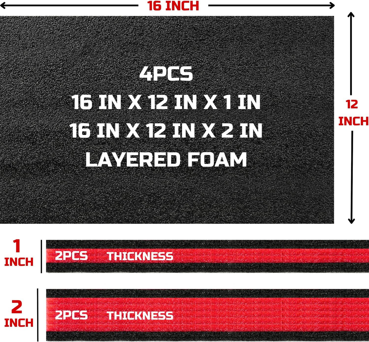 ONREVA Tool Box Foam 4Pack 2pc 16x12x2in & 2pc 16x12x1in, Foam Inserts for Cases, Polyethylene Storage Sheets for Toolbox Hard Case, Tool Shadow Insert, Kaizen Organizer Sheet, Black with Red