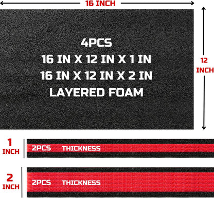 ONREVA Tool Box Foam 4Pack 2pc 16x12x2in & 2pc 16x12x1in, Foam Inserts for Cases, Polyethylene Storage Sheets for Toolbox Hard Case, Tool Shadow Insert, Kaizen Organizer Sheet, Black with Red