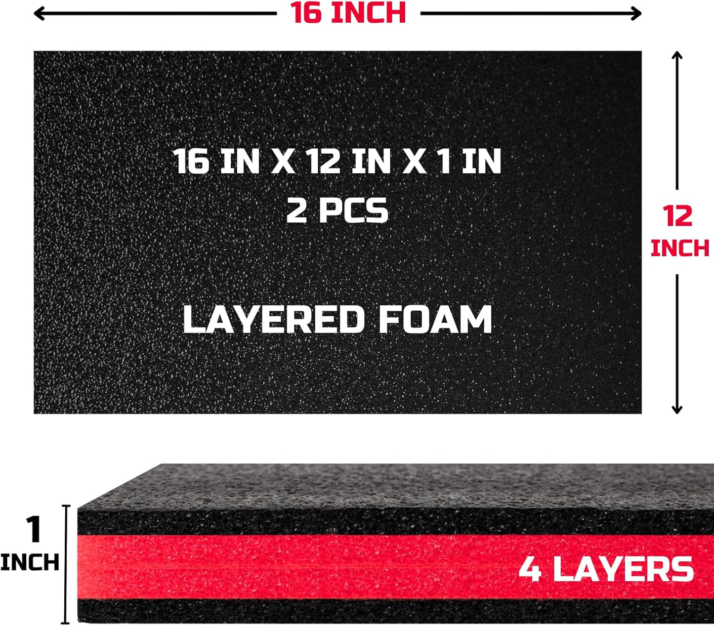 ONREVA Tool Box Foam 16x12x1 inch 2Pack, Foam Inserts for Cases, Polyethylene Storage Sheets for Toolbox Hard Case, Tool Shadow Insert, Kaizen Organizer Sheet, Black with Red