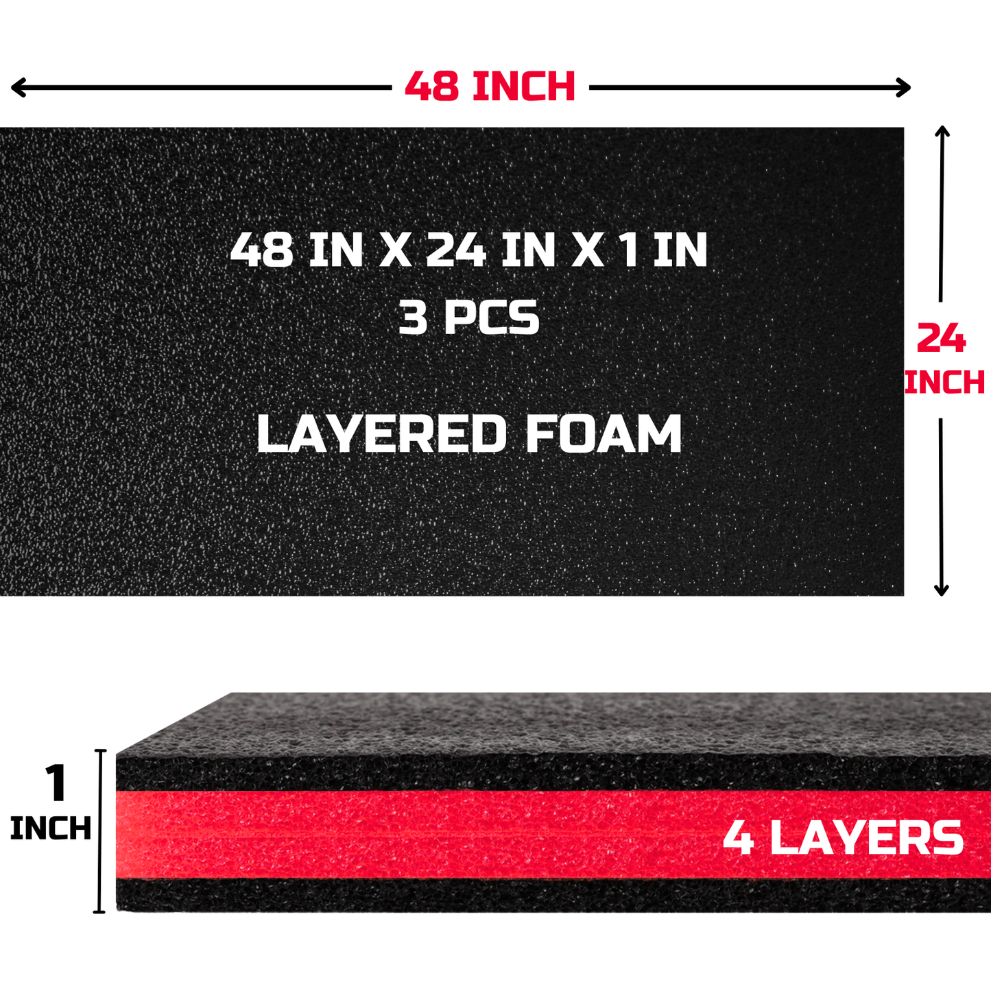 ONREVA Tool Box Foam 48x24x1 inch 3Pack, Foam Inserts for Cases, Polyethylene Storage Sheets for Toolbox Hard Case, Tool Shadow Insert, Kaizen Organizer Sheet, Black with Red