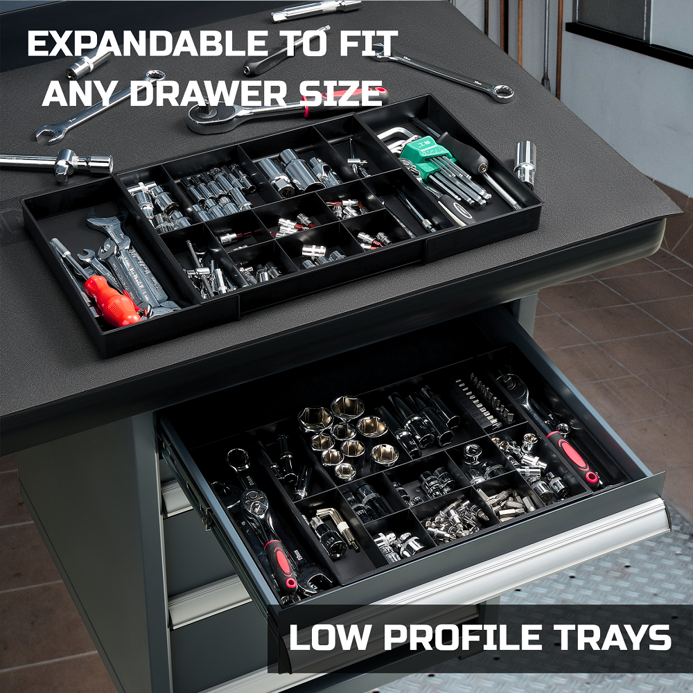 Tool Box Organizer Tray Divider Set, Expandable Large Toolbox Storage Tray Kit, Rolling Tool Chest Drawer Bins, Hardware Screwdrivers Pliers Organization, 2pcs low profile Trays