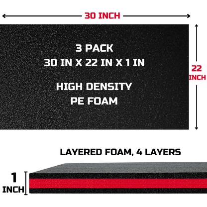 ONREVA Tool Box Foam Organizer 30x22x1 inch 3Pack, Kaizen Sheets for Pro Tool Control, Custom Tool Shadow Inserts for Cases & Drawers, High Density Polyethylene Foam, Black with Red