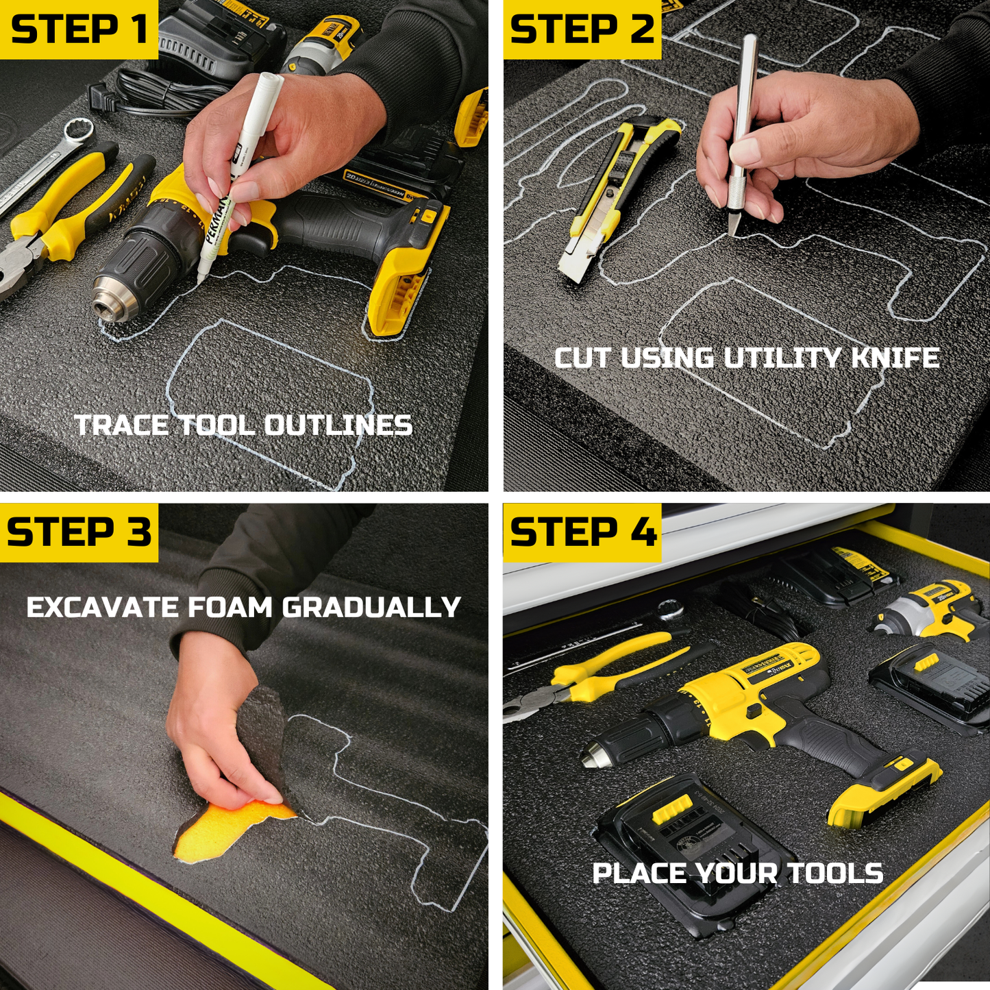 ONREVA Tool Box Foam 22x18x2 inch 3Pack, Foam Inserts for Cases, Polyethylene Storage Sheets for Toolbox Hard Case, Tool Shadow Insert, Kaizen Organizer Sheet, Black with Yellow