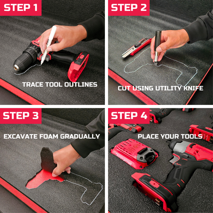 ONREVA Tool Box Foam 24x18x2 inch 3Pack, Foam Inserts for Cases, Polyethylene Storage Sheets for Toolbox Hard Case, Tool Shadow Insert, Kaizen Organizer Sheet, Black with Red