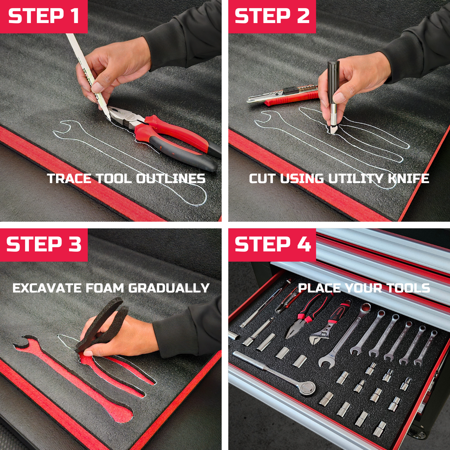 ONREVA Tool Box Foam 28x20x1 inch 3Pack, Foam Inserts for Cases, Polyethylene Storage Sheets for Toolbox Hard Case, Tool Shadow Insert, Kaizen Organizer Sheet, Black with Red