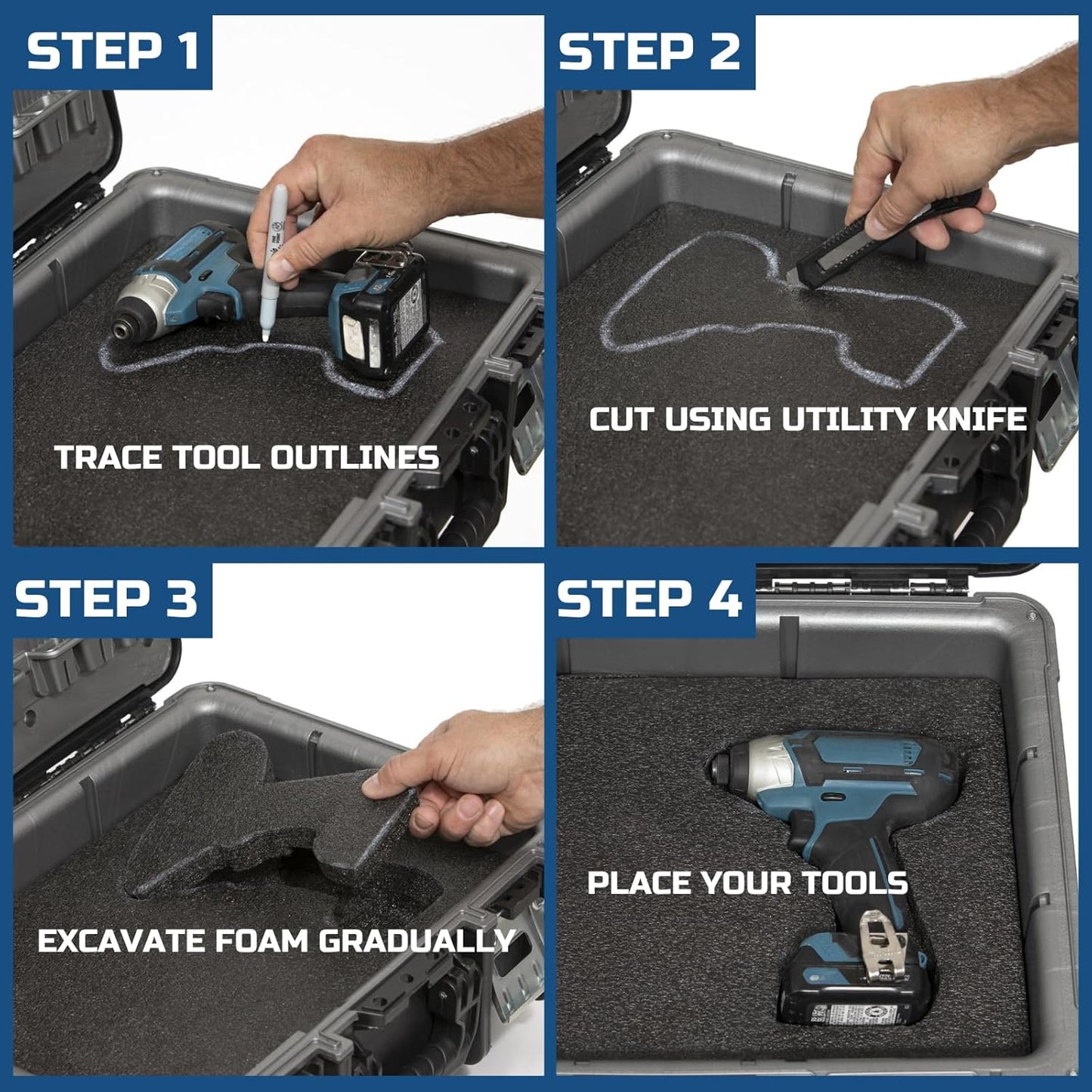 ONREVA Tool Box Foam 16x12x2 inch 3Pack, Foam Inserts for Cases, Polyethylene Storage Sheets for Toolbox Hard Case, Tool Shadow Insert, Kaizen Organizer Sheet, Black with Blue