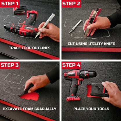 ONREVA Tool Box Foam 4Pack 2pc 16x12x2in & 2pc 16x12x1in, Foam Inserts for Cases, Polyethylene Storage Sheets for Toolbox Hard Case, Tool Shadow Insert, Kaizen Organizer Sheet, Black with Red