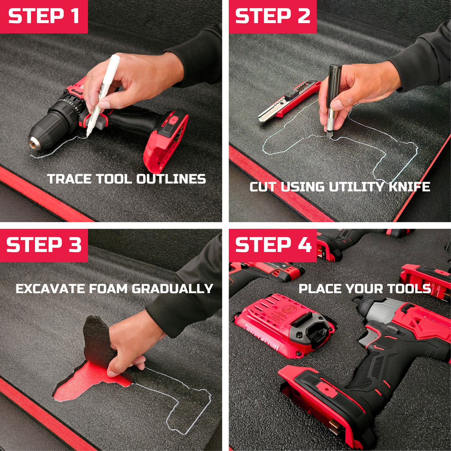 ONREVA Tool Box Foam 48x24x1.5 inch 2Pack, Foam Inserts for Cases, Polyethylene Storage Sheets for Toolbox Hard Case, Tool Shadow Insert, Kaizen Organizer Sheet, Black with Red