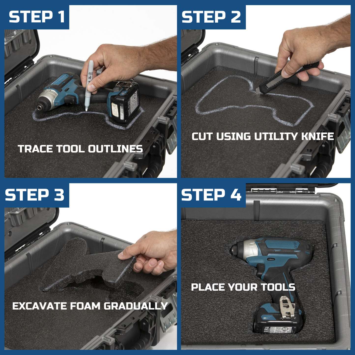 ONREVA Tool Box Foam 22x18x1 inch 4Pack, Foam Inserts for Cases, Polyethylene Storage Sheets for Toolbox Hard Case, Tool Shadow Insert, Kaizen Organizer Sheet, Black with Blue