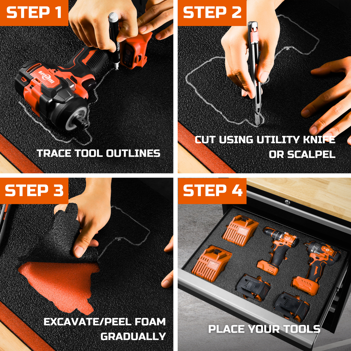 ONREVA Tool Box Foam Organizer 40x20x1 inch 1PC, Kaizen Sheets for Pro Tool Control, Custom Tool Shadow Inserts for Cases & Drawers, High Density Polyethylene Foam, Black with Orange