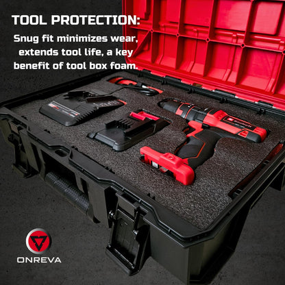 ONREVA Tool Box Foam 4Pack 2pc 16x12x2in & 2pc 16x12x1in, Foam Inserts for Cases, Polyethylene Storage Sheets for Toolbox Hard Case, Tool Shadow Insert, Kaizen Organizer Sheet, Black with Red