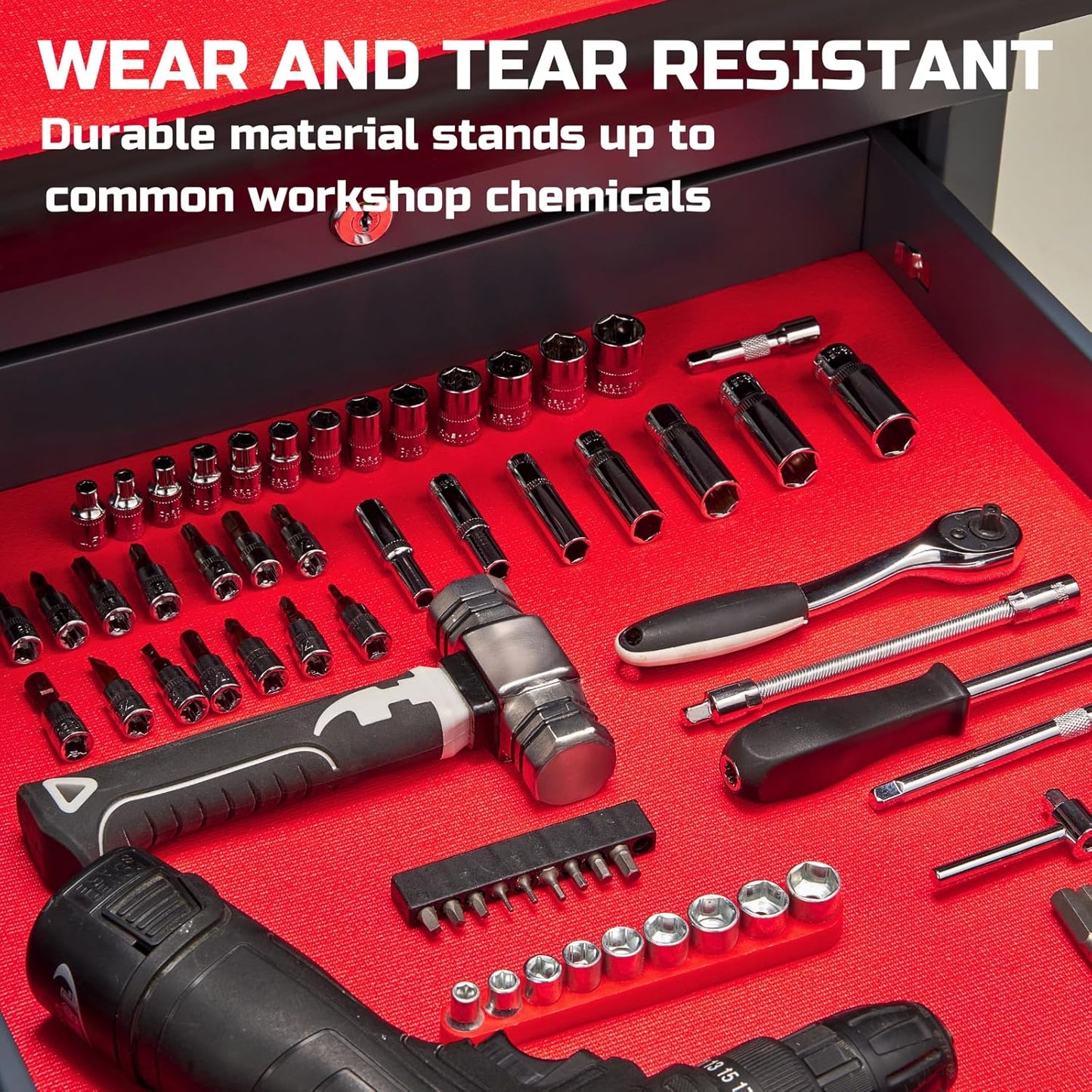 ONREVA Tool Box Liner 22 inch wide x 20 ft Large, Thick Heavy Duty Toolbox Drawer Liners, Rolling Tool Chest Foam Mat, Shelf Rubber Mat, Non-slip Organizer Pad for Cabinet Workbench, Red