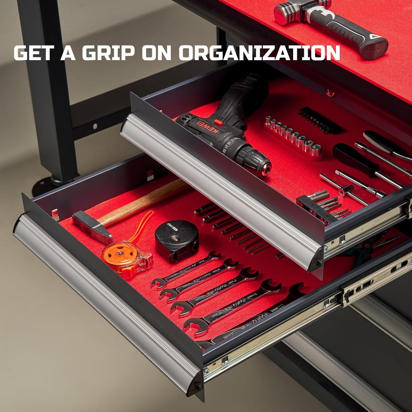 ONREVA Tool Box Liner 22 inch wide x 20 ft Large, Thick Heavy Duty Toolbox Drawer Liners, Rolling Tool Chest Foam Mat, Shelf Rubber Mat, Non-slip Organizer Pad for Cabinet Workbench, Red